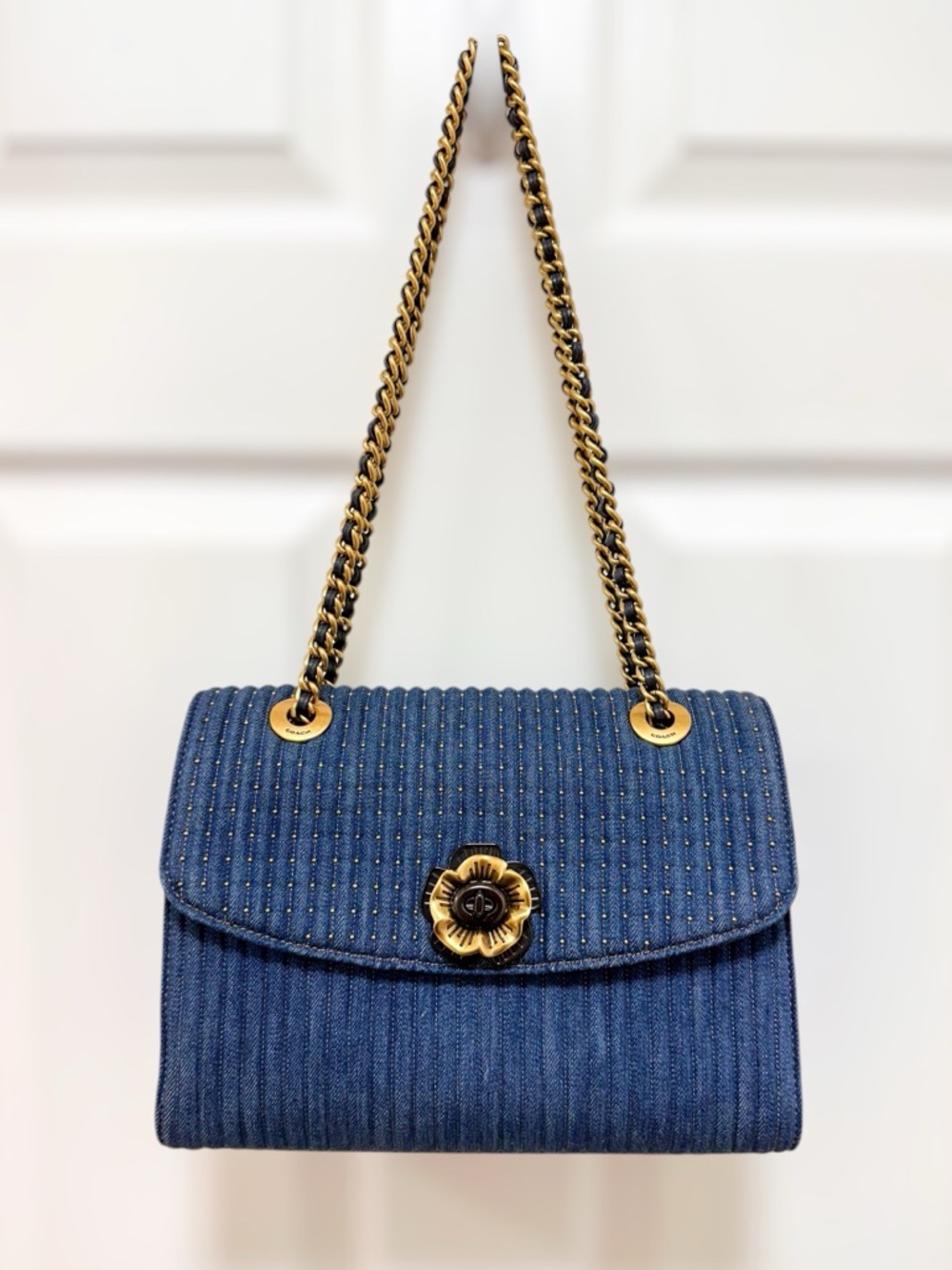 Coach Parker Denim Quilted Tea Rose Turnlock Shoulder Bag